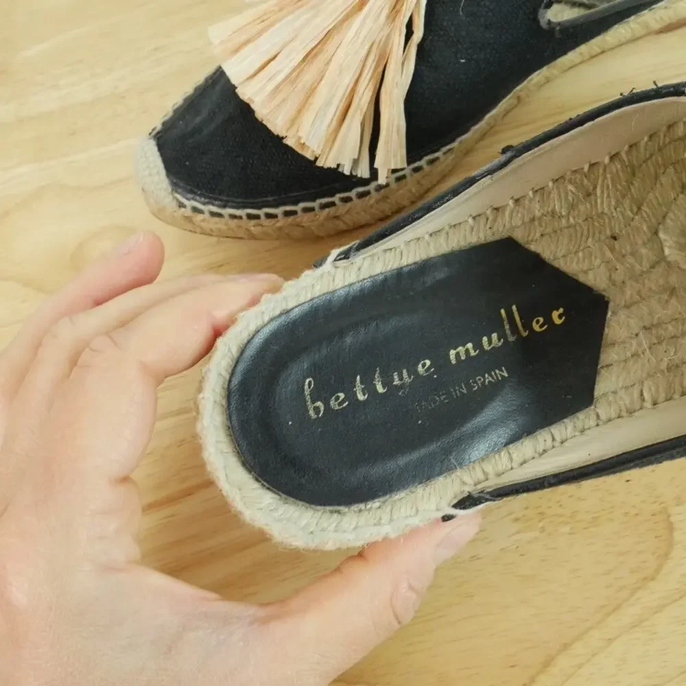 Bettye Muller Mules Espadrille Sandals Rabat Tassel Beach Resort 38 8 Black - Picture 8 of 11